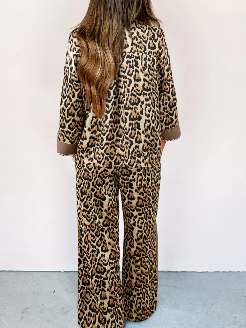 Leopard Collared 3/4 Sleeve Shirt and Loose Pants Two Piece Outfit Set, image 2