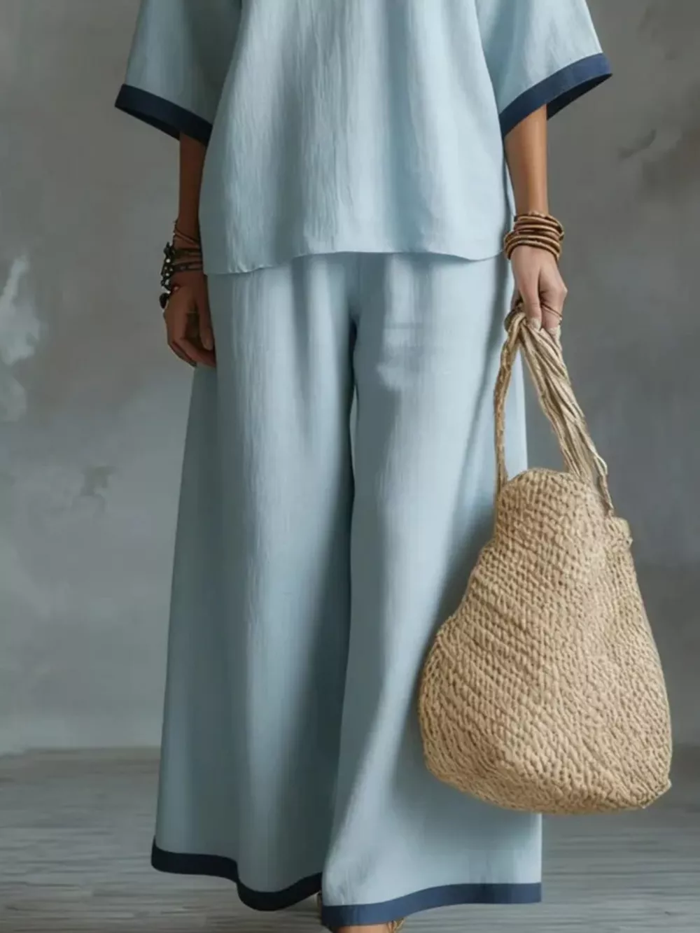 Full Size Contrast Trim V-Neck Top and Pants Set Plus Size, image 9