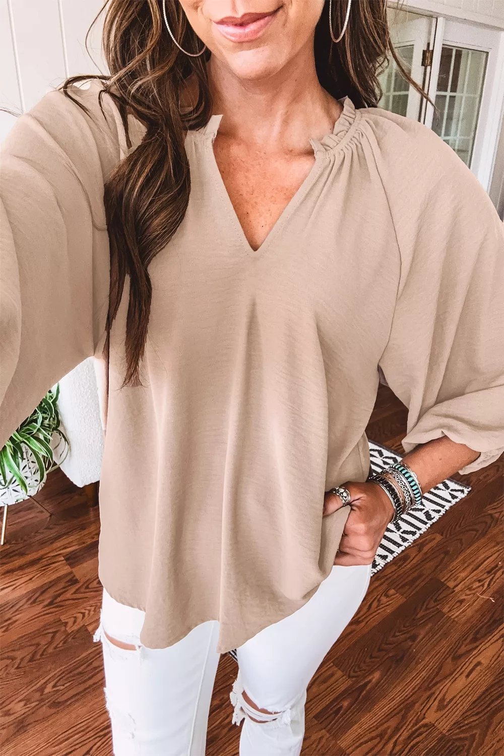 V Neck Gathered Cuff Three Quarter Sleeve Blouse, image 3
