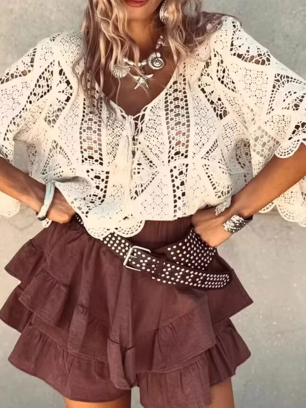 Tassel V-Neck Crochet Knit Top, image 2