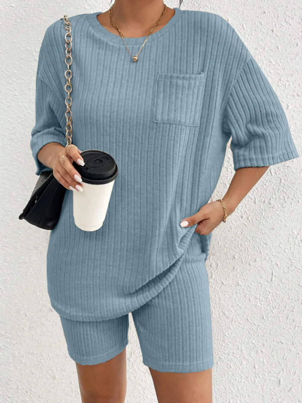 Ribbed Round Neck Top and Shorts Set, image 16