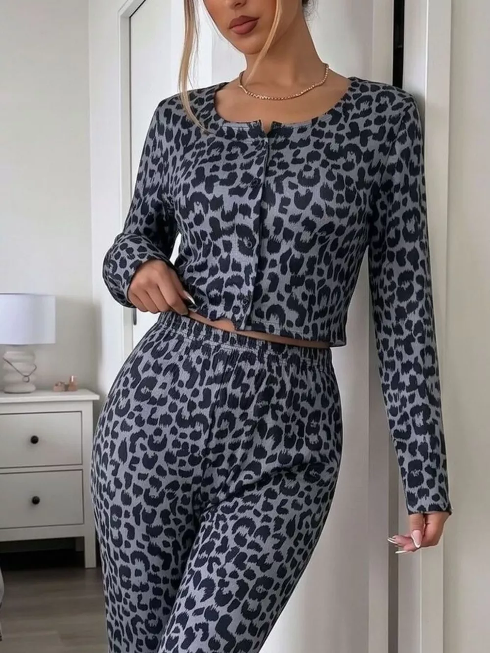 Leopard Print Long Sleeve Top and Pants Lounge Set, image 3