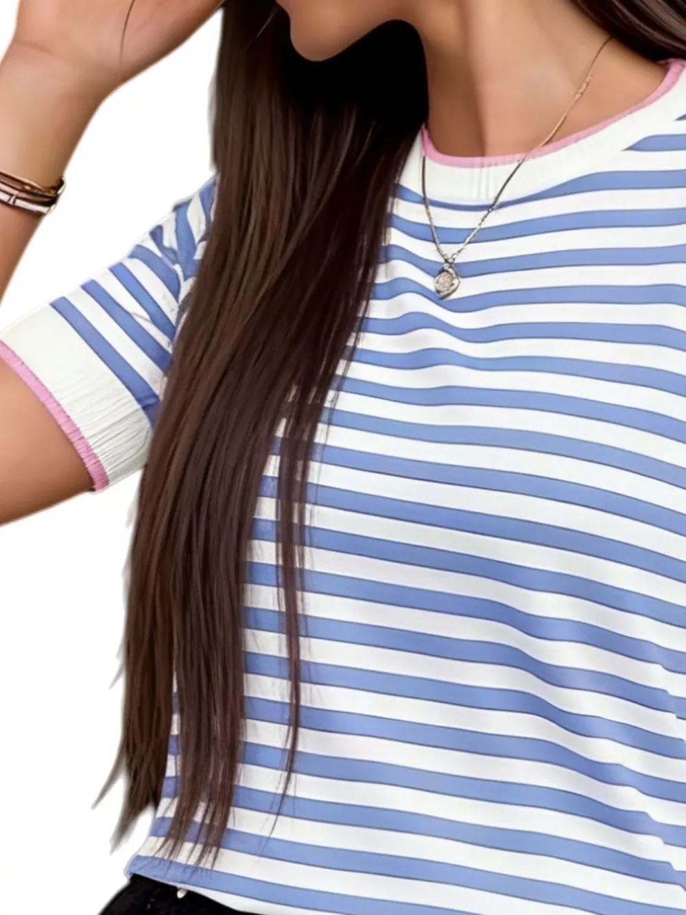 Contrast Trim Striped Short Sleeve Knit Top, image 11