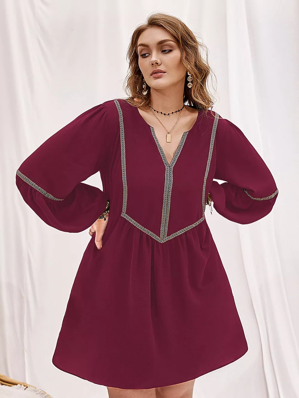 Plus Size Notched Balloon Sleeve Mini Dress, image 3