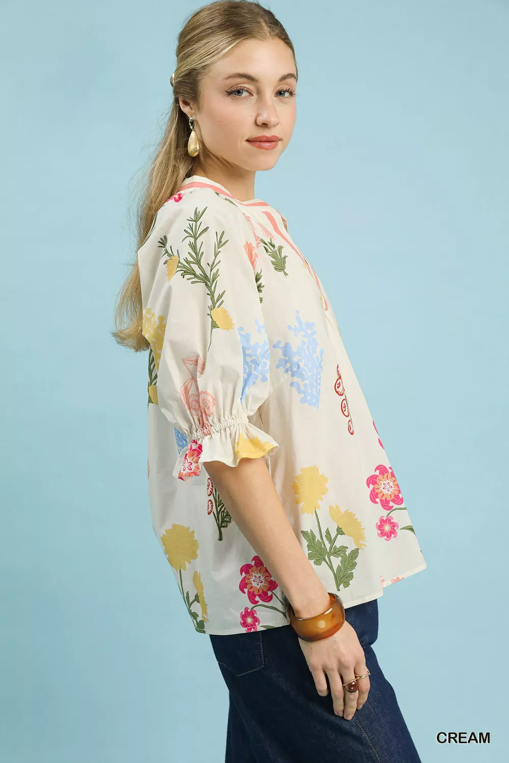 Floral Split Neck Puff Sleeve Top, image 2