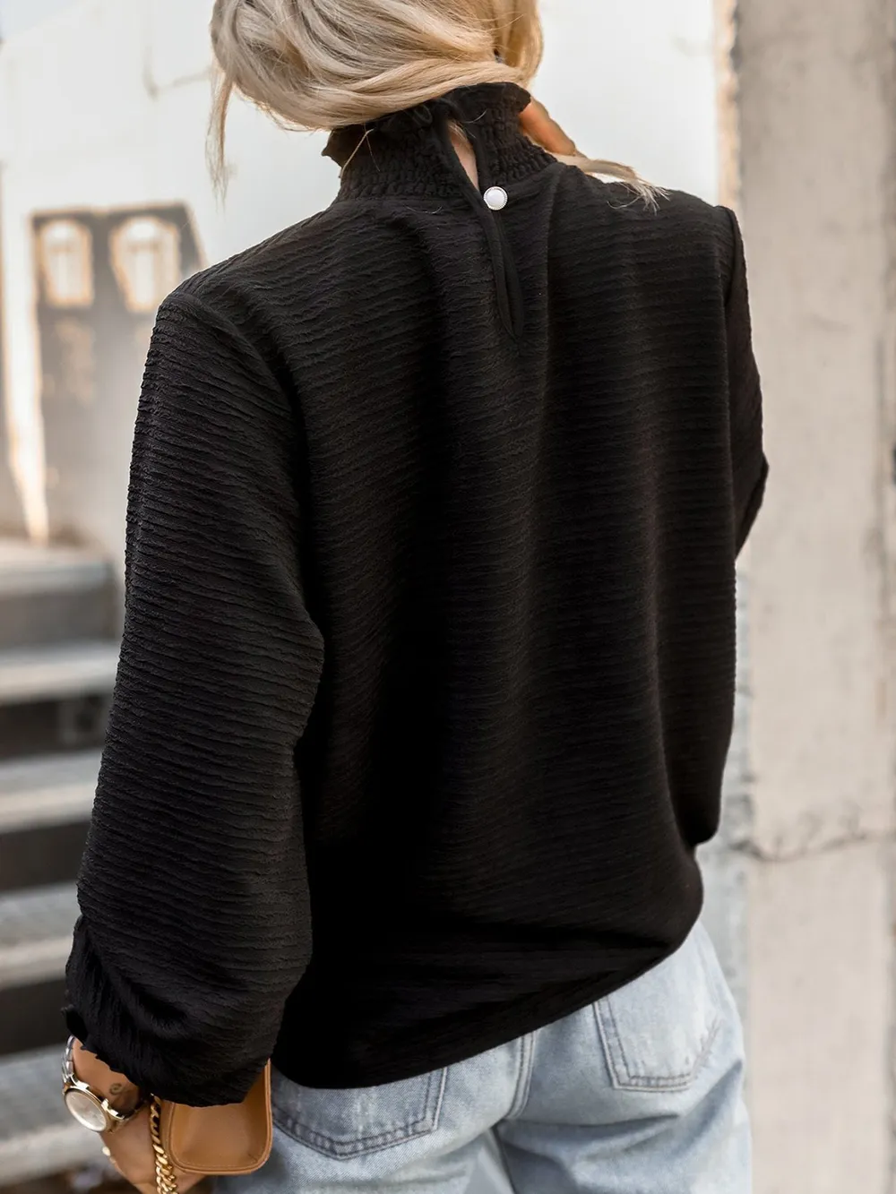 Smocked Frill Mock Neck Long Sleeve Blouse, image 7