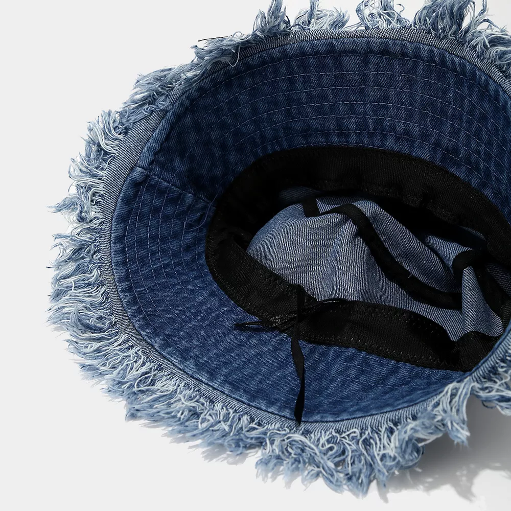 Vintage Washed Denim Bucket Hat with Frayed Raw Edge, image 3
