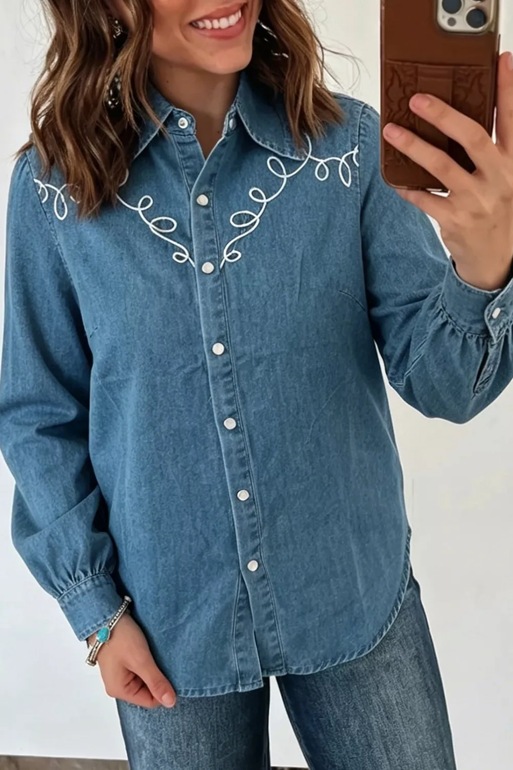 Embroidered Western Denim Top, image 3