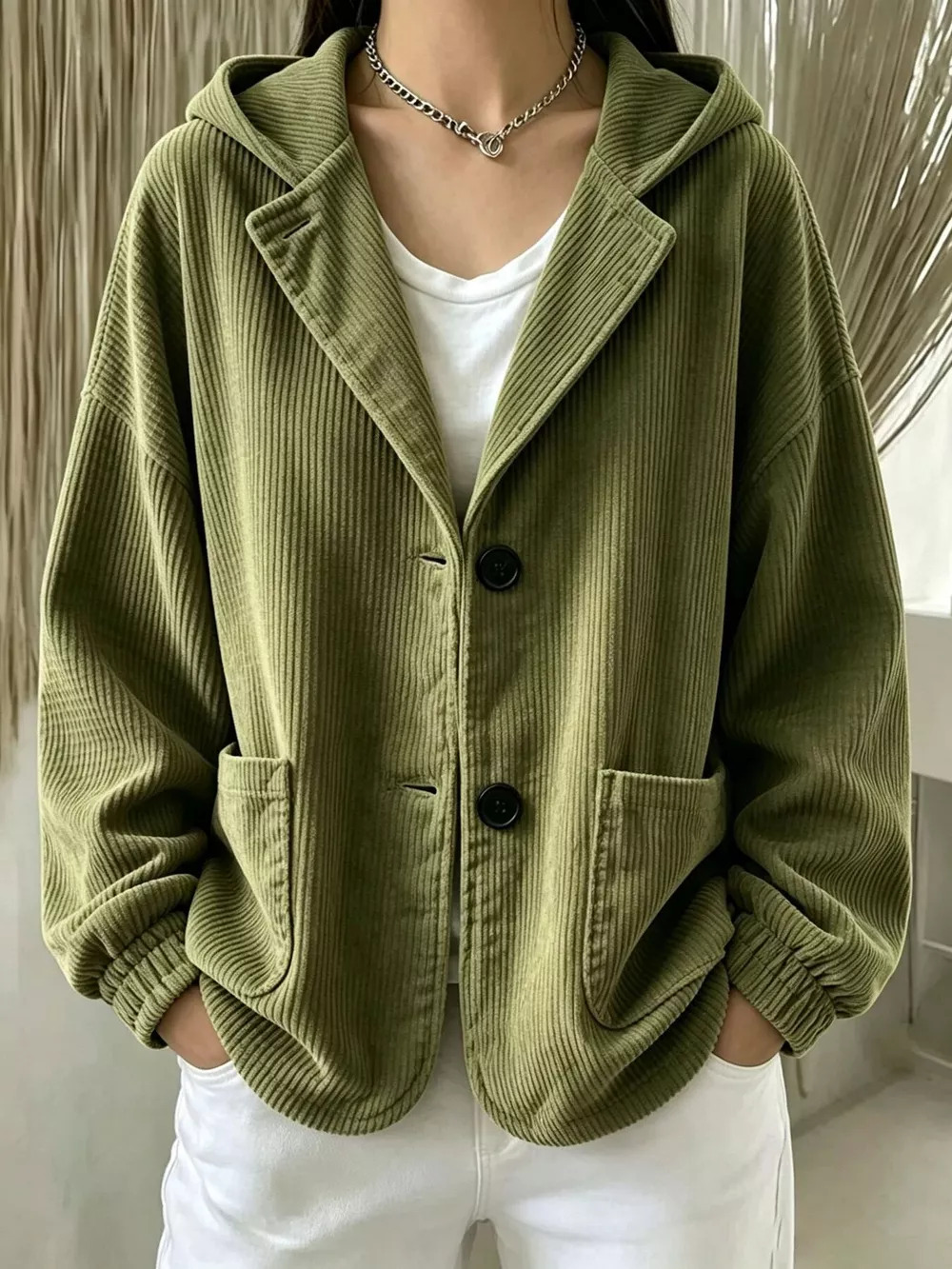 Full Size Corduroy Button Up Hooded Jacket Plus Size, image 4