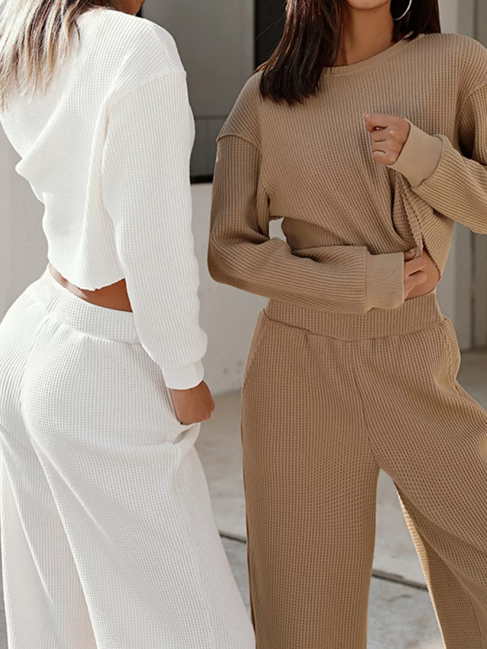Waffle-Knit Round Neck Top and Pants Set, image 7