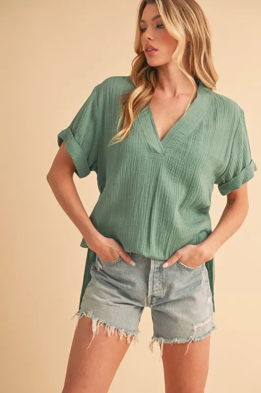 Side Slit V-Neck Short Sleeve Blouse, image 2