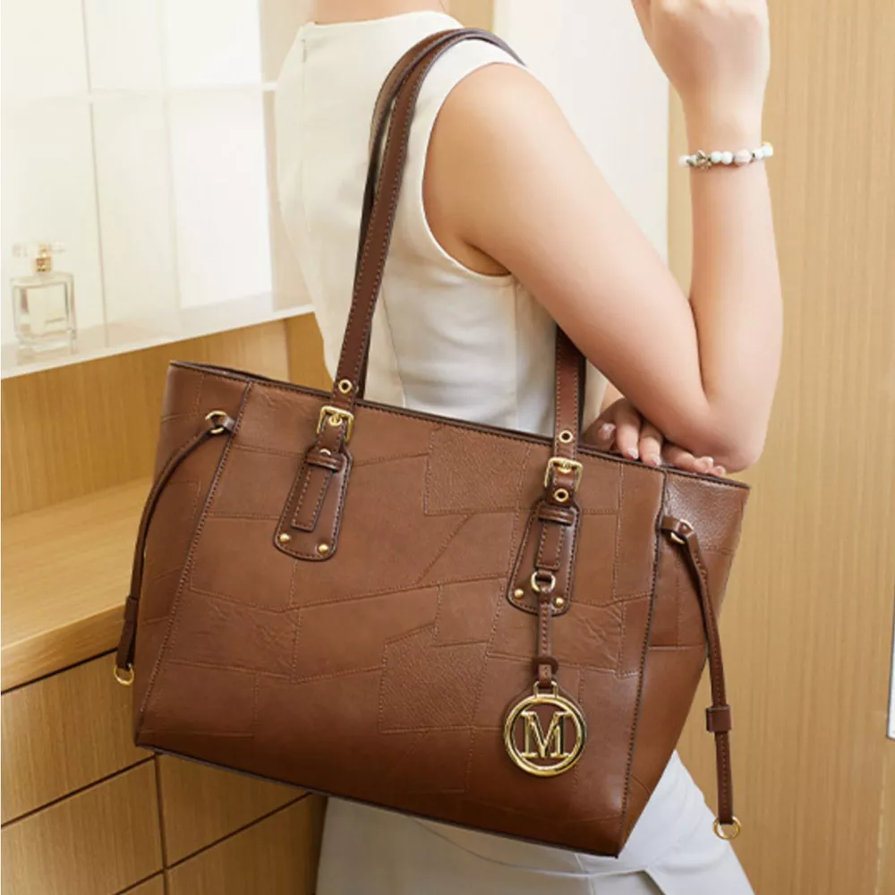 Patchwork Leather Tote Bag with Gold Logo Charm, image 8