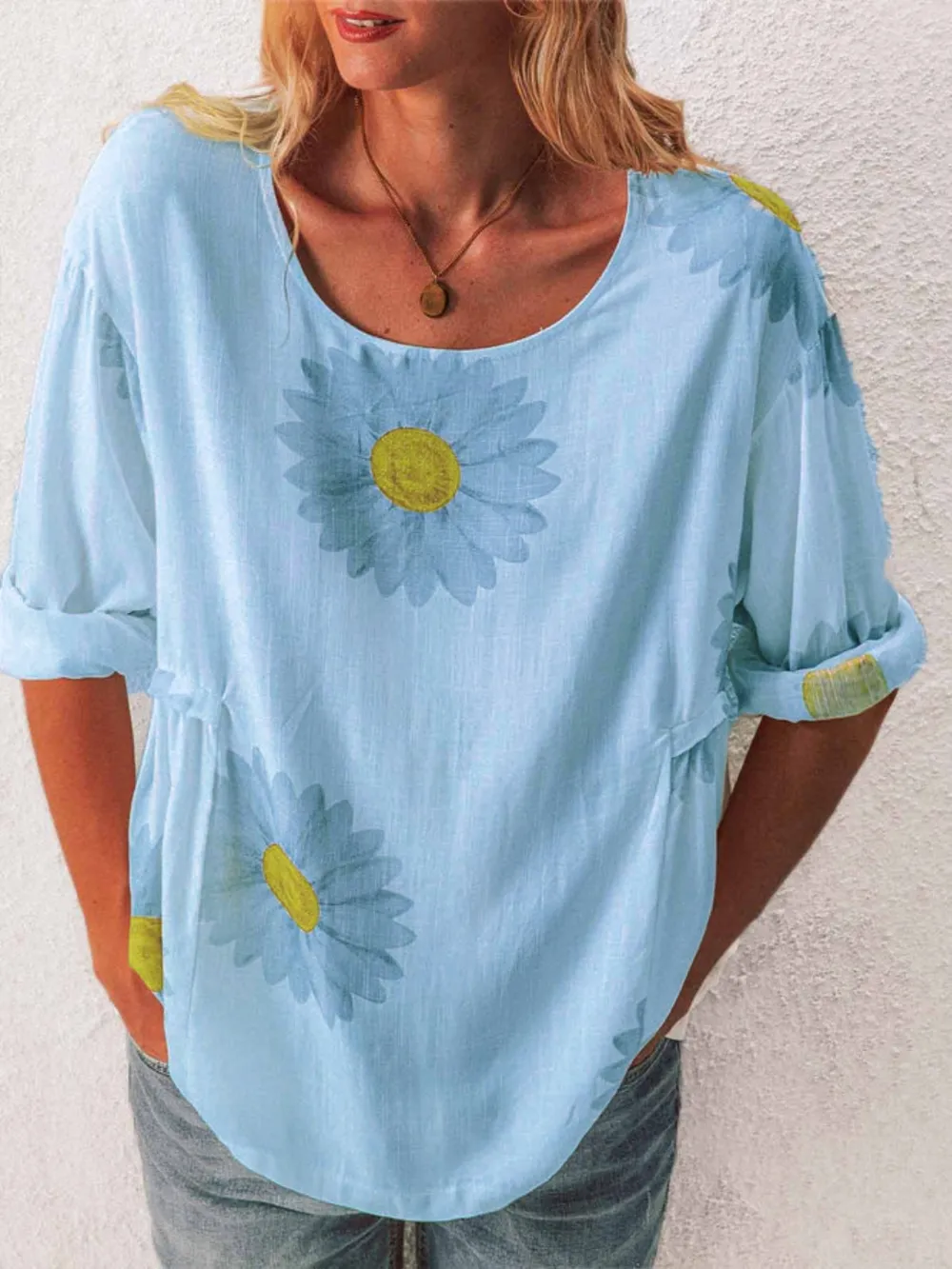 Full Size Flower Round Neck Half Sleeve T-Shirt Plus Size, image 6