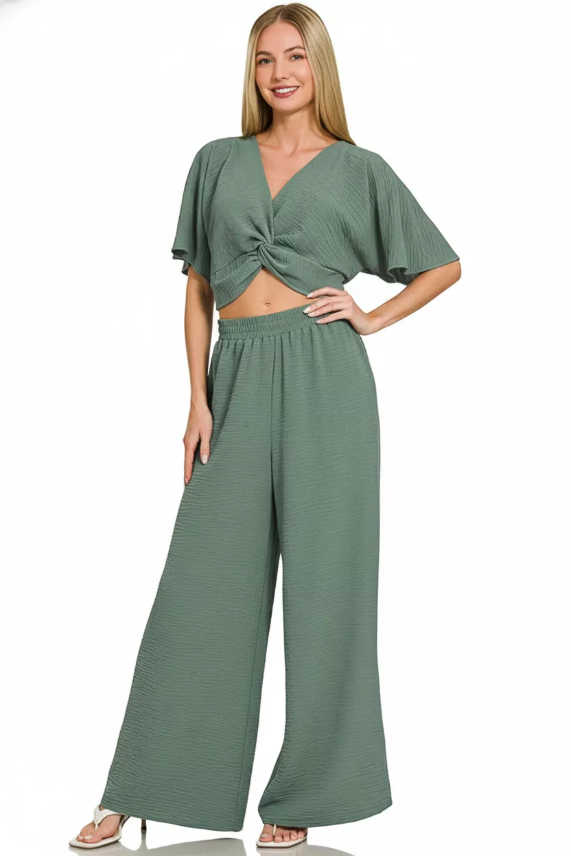 Woven Airflow Twisted Top & Wide Leg Pants Set, image 2