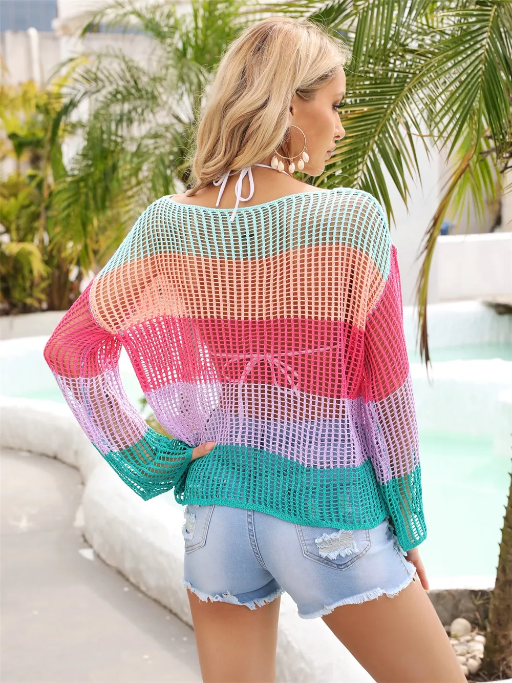Color Block Openwork Boat Neck Cover Up, image 25