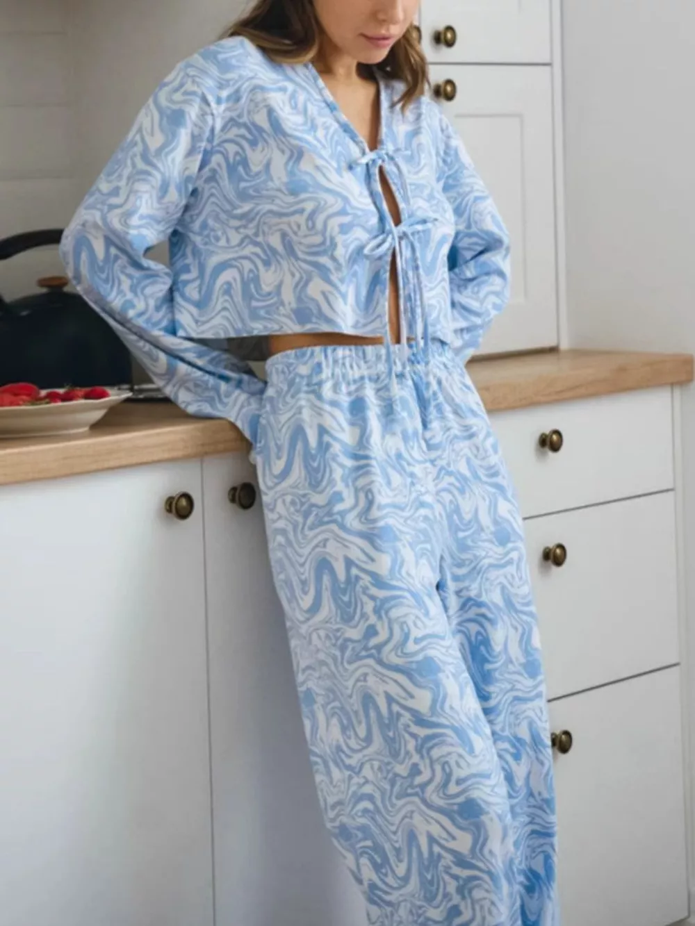 Tie Front Long Sleeve Top and Pants Lounge Set, image 3