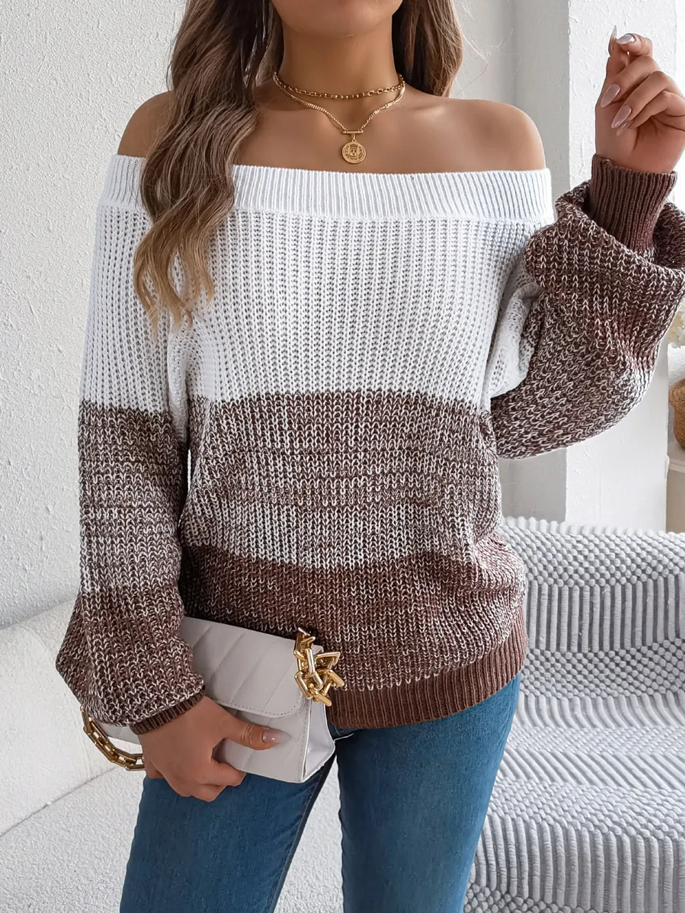 Color Block Off-Shoulder Long Sleeve Sweater, image 16