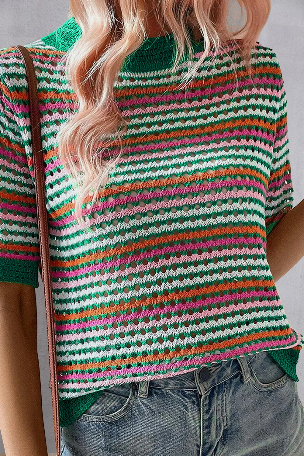 Openwork Striped Short Sleeve Knit Top, image 2
