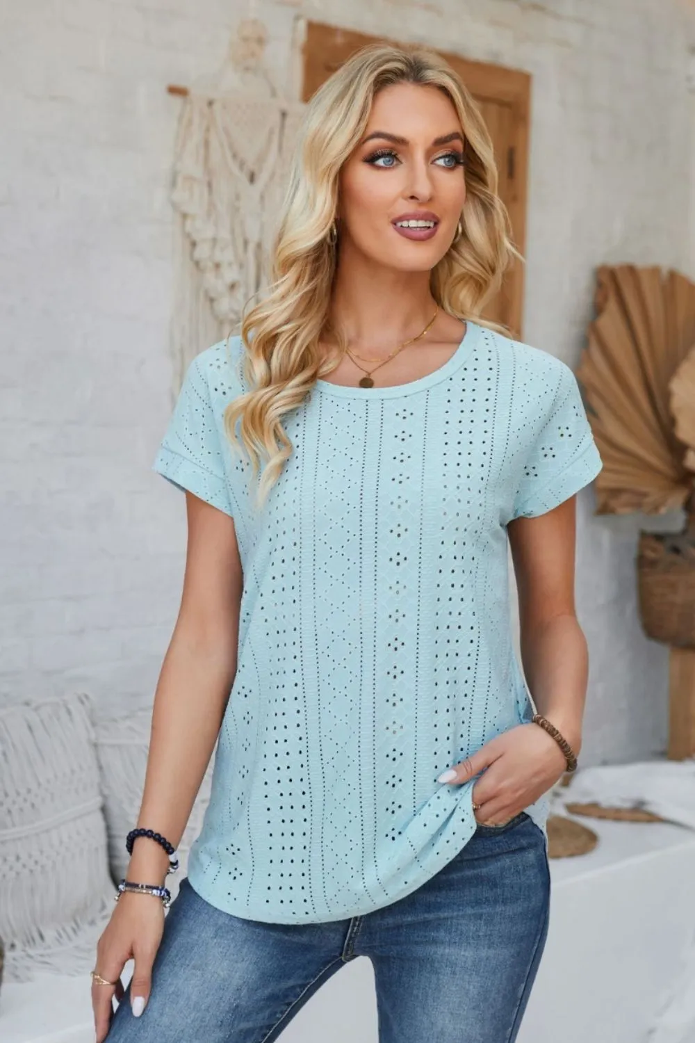 Eyelet Round Neck Rolled Short Sleeve T-Shirt, image 10