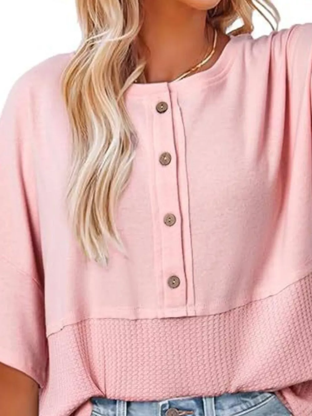 Button Detail Texture Knit T-Shirt, image 8
