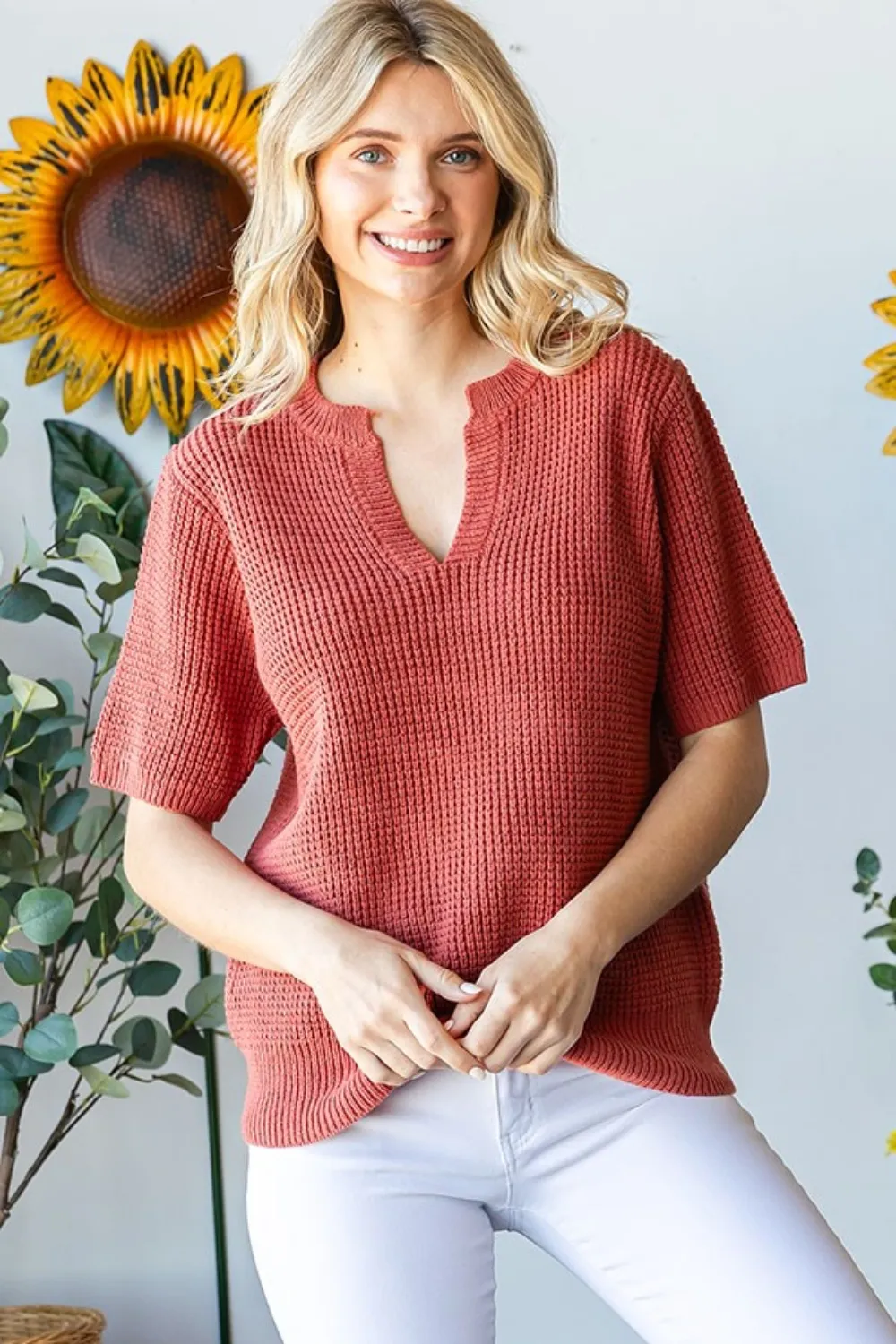 Notched Short Sleeve Knit Top, image 5