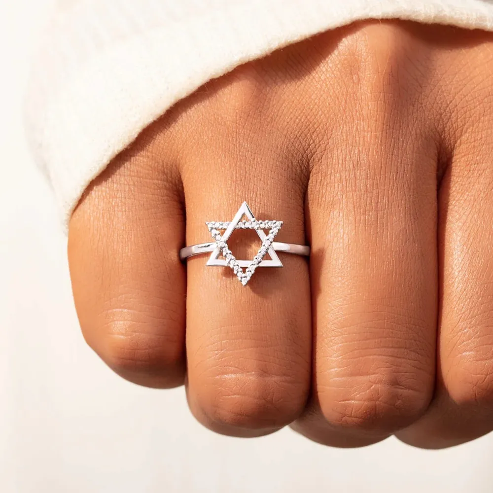 925 Sterling Silver Inlaid Zircon Hexagram Ring, image 3
