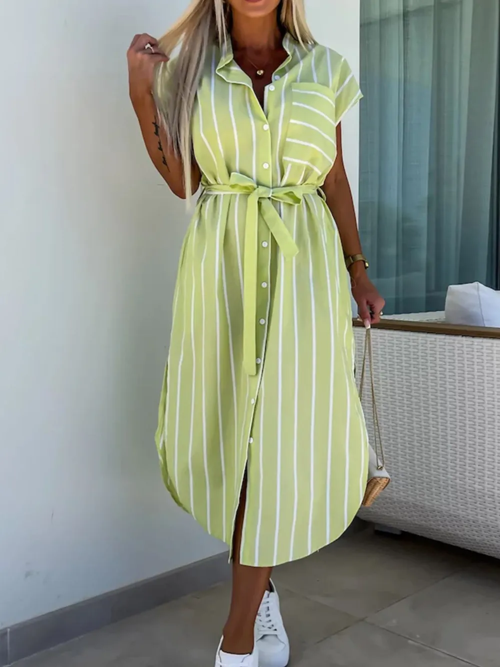 Striped Tie Waist Short Sleeve Dress, image 6