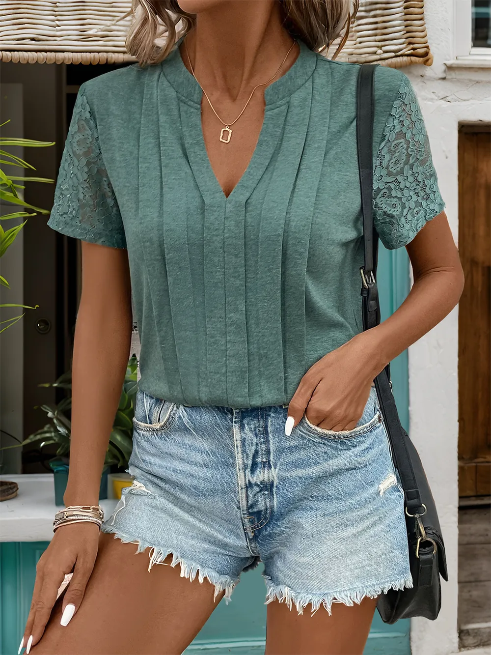Lace Detail Notched Short Sleeve T-Shirt, image 4