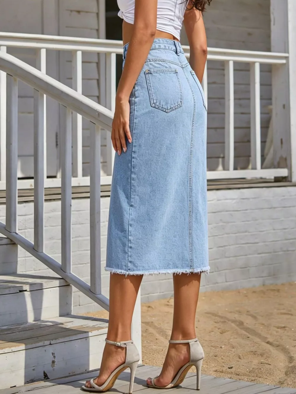 Asymmetric Button-Front Raw Hem Denim Midi Skirt, image 5