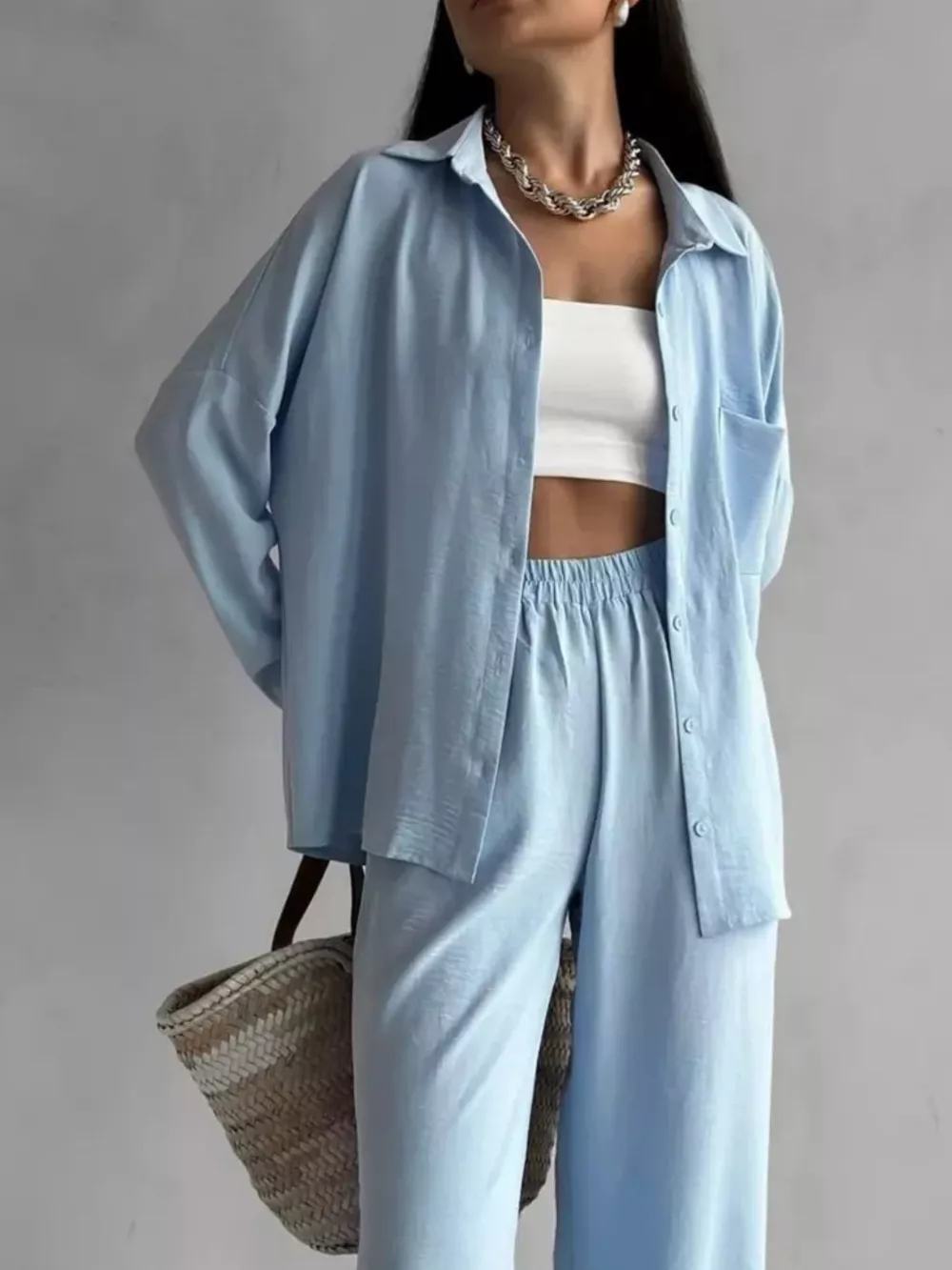 Relaxed Fit Shirt and Wide Leg Pants Set, image 2