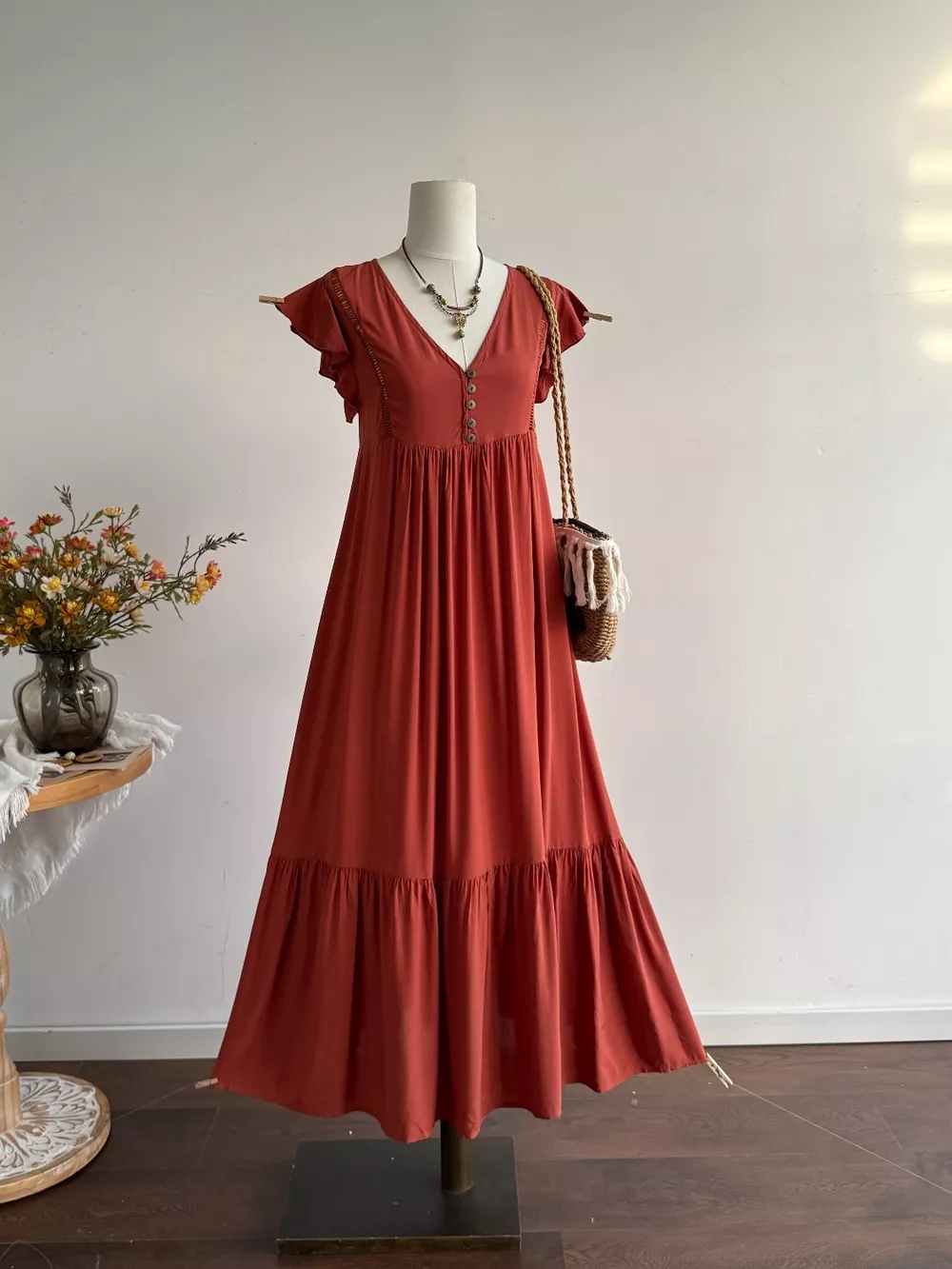 Ruffle Sleeve Maxi Dress with Button Detail, image 3