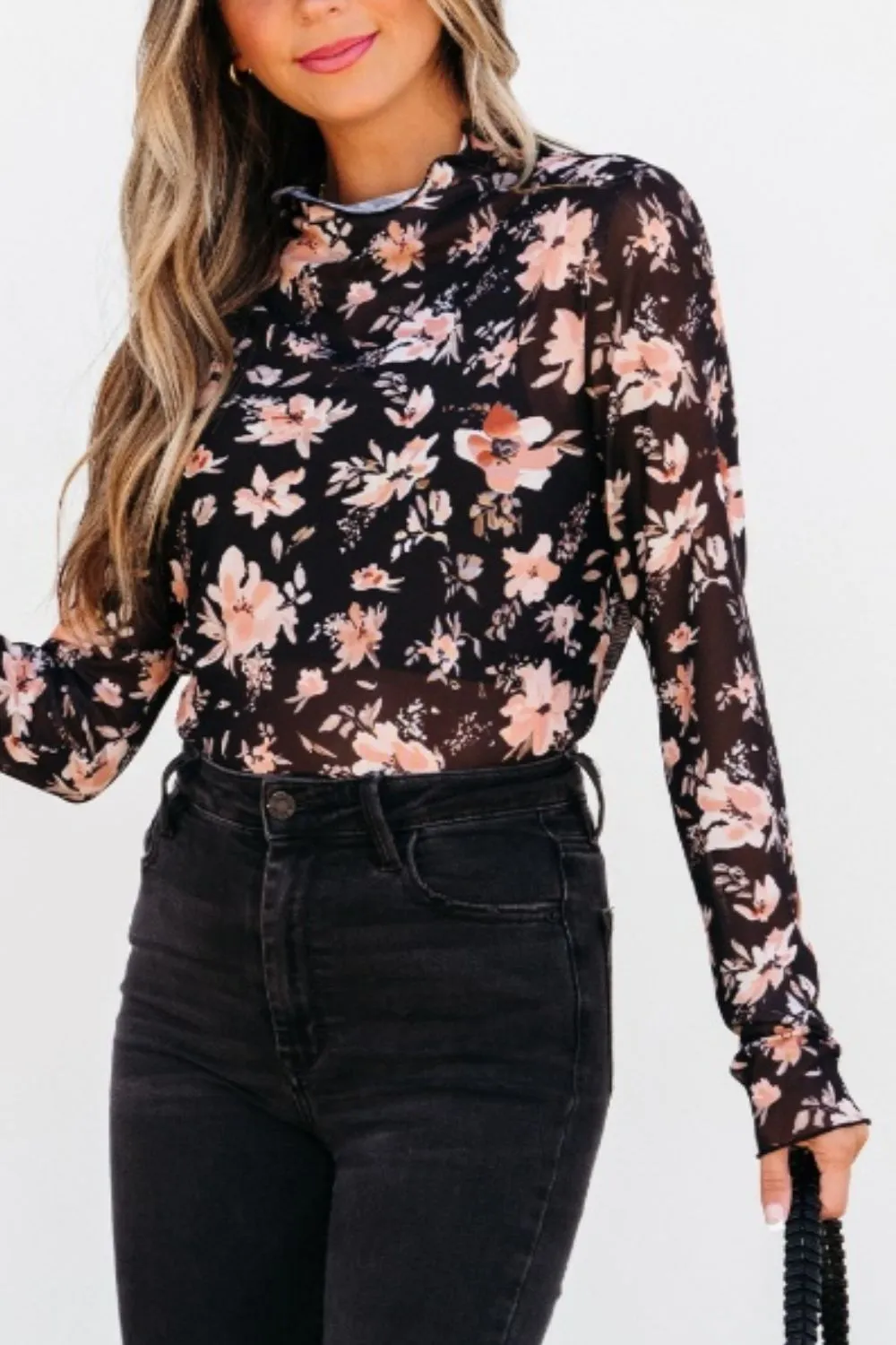 Floral Mock Neck Long Sleeve Blouse, image 5