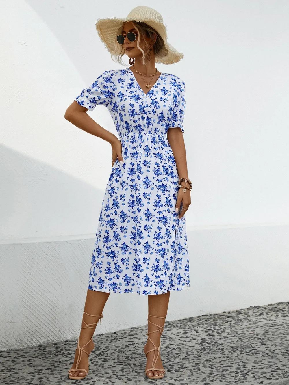 Slit Printed V-Neck Short Sleeve Dress, image 5