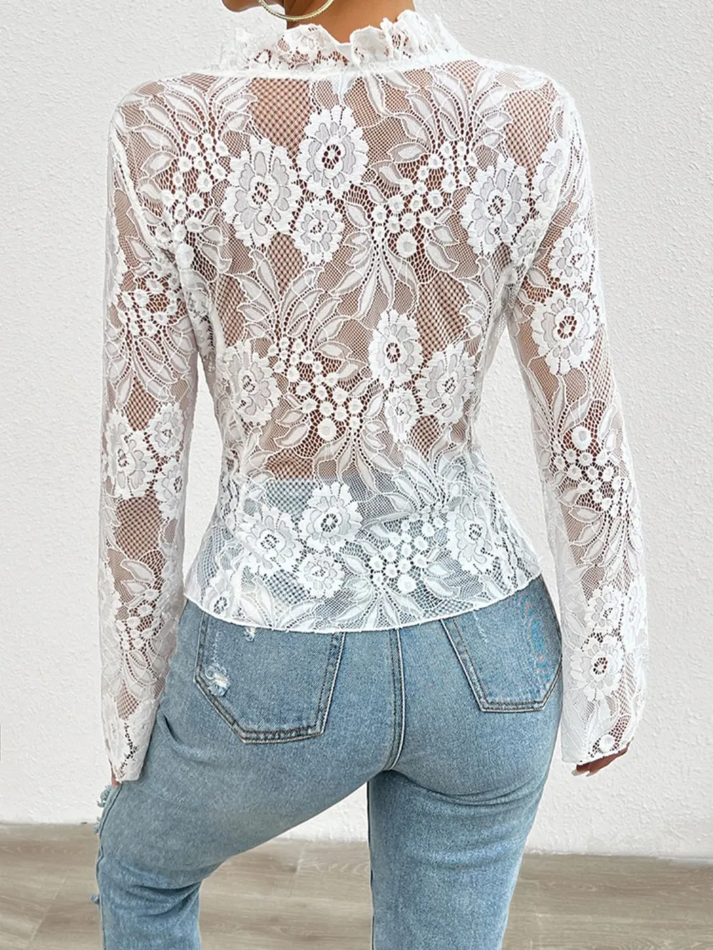 Tied V-Neck Long Sleeve Lace Top, image 12
