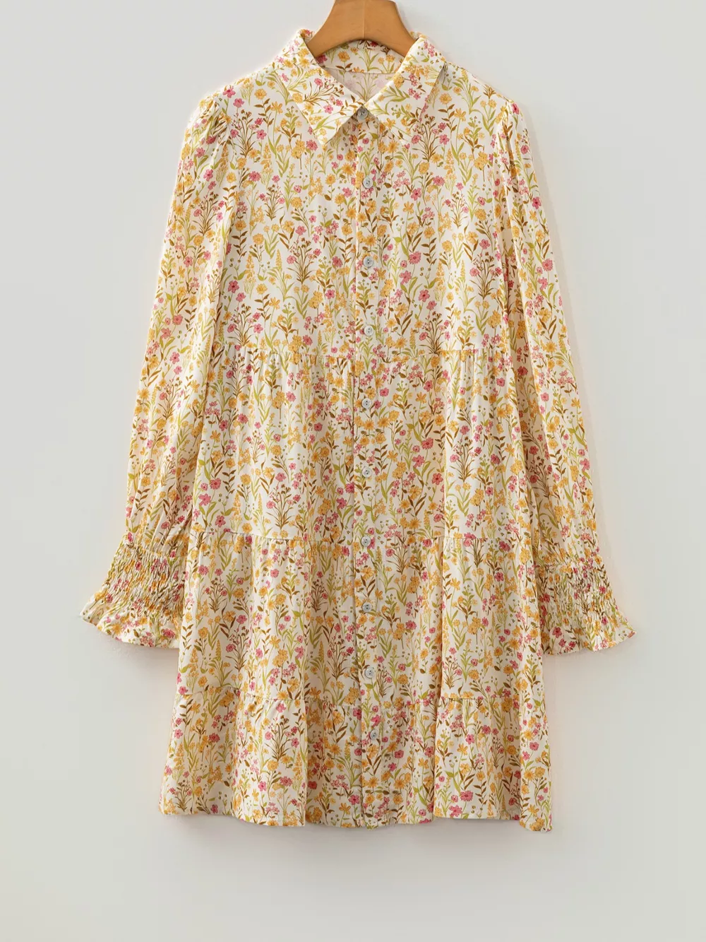 Floral Print Frilly Trim Smocked Cuff Long Sleeve Loose Shirt Dress, image 6