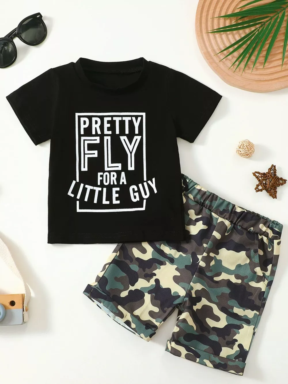 Children's Letter Graphic Tee and Camouflage Shorts Set, image 7