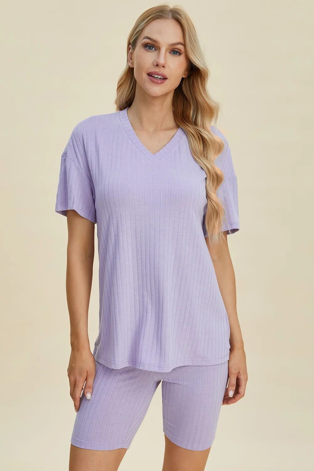 Full Size Ribbed V-Neck Short Sleeve Top and Shorts Set, image 15