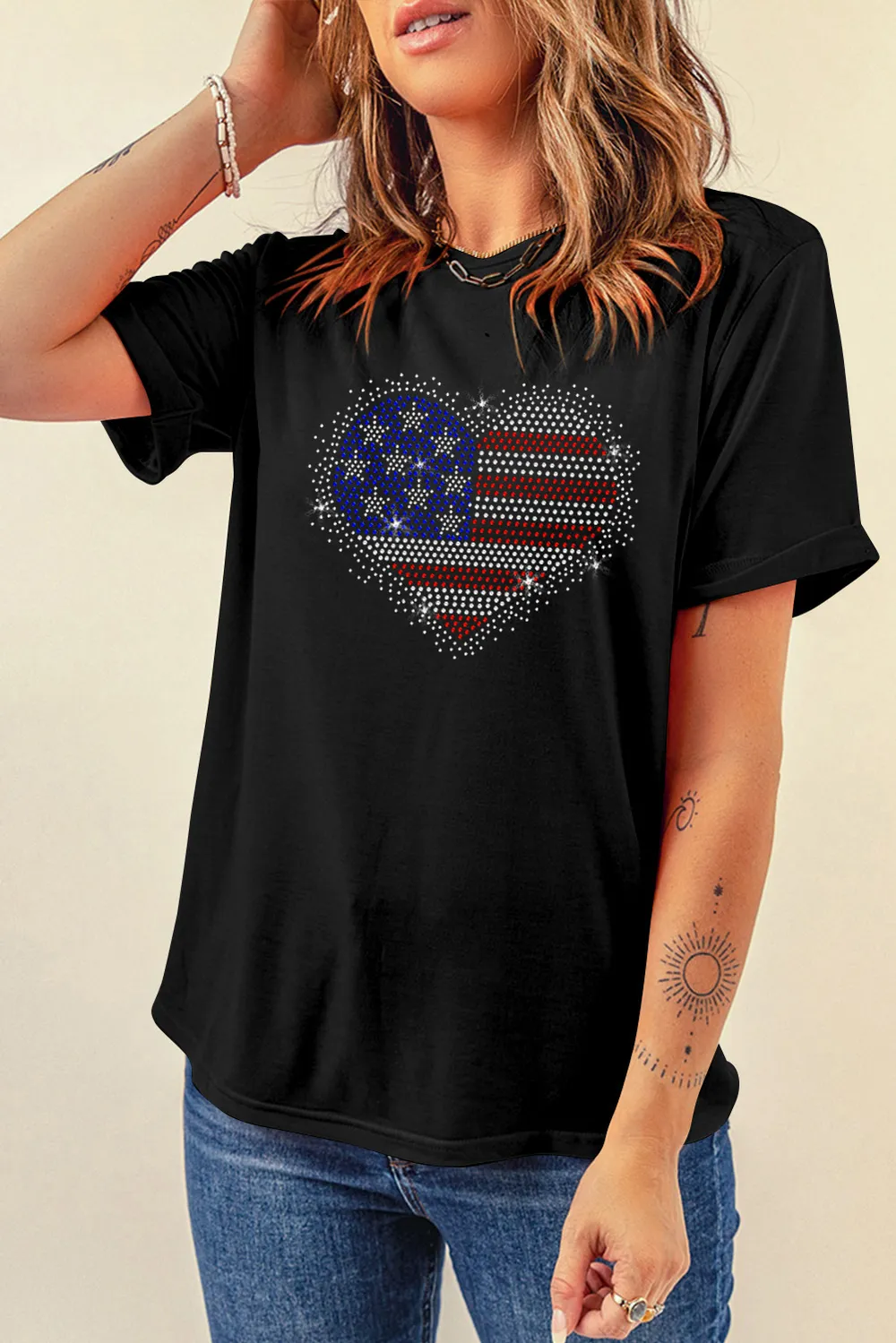 Rhinestone Heart Round Neck Short Sleeve T-Shirt, image 4
