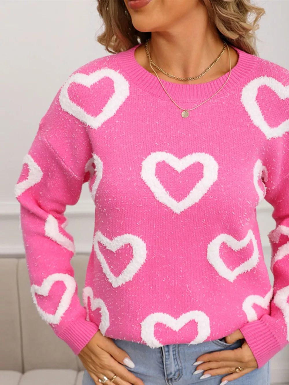 Valentine's Day Heart Pattern Round Neck Sweater, image 13