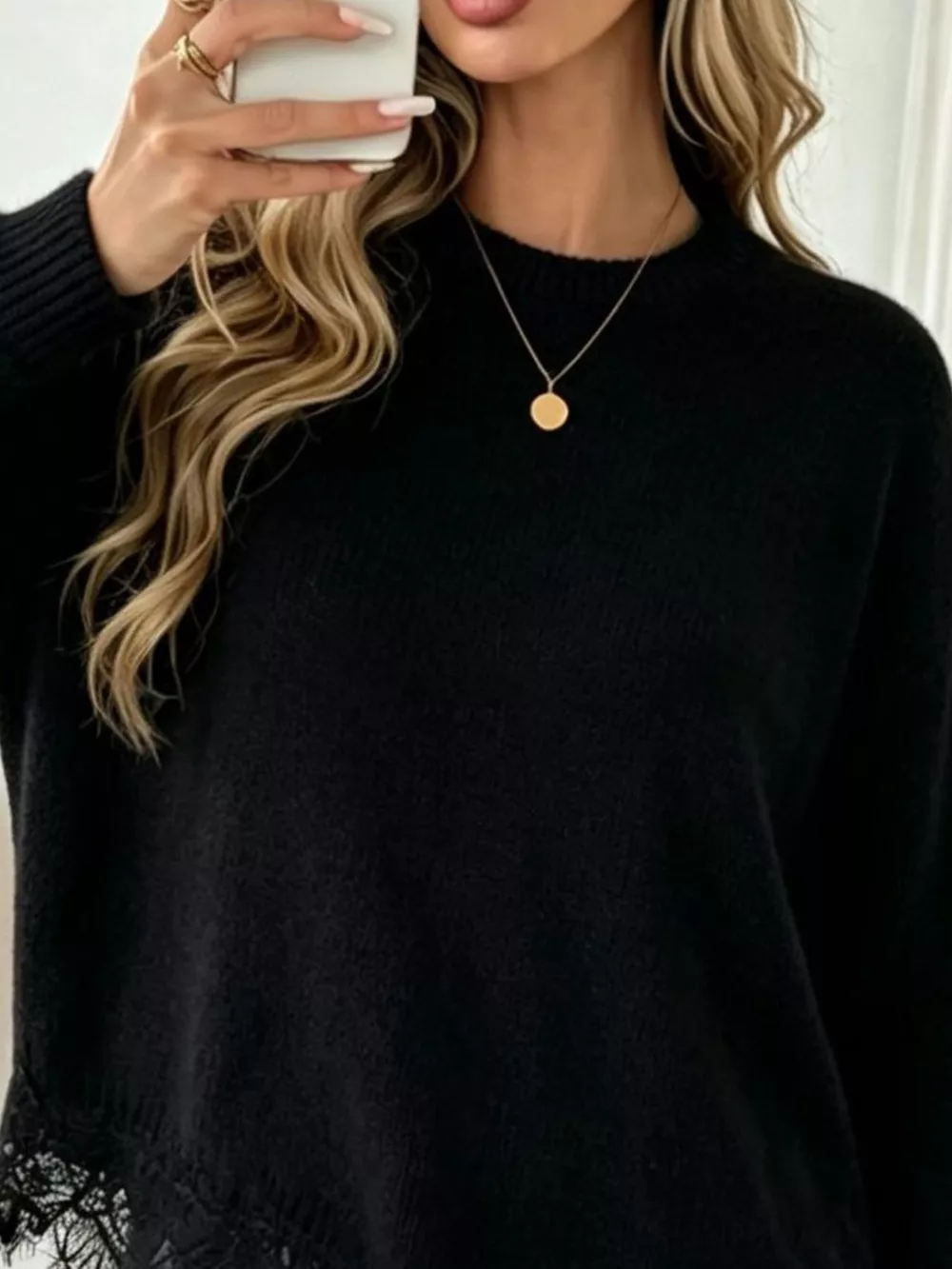 Round Neck Sweater with Asymmetric Lace Hem, image 2