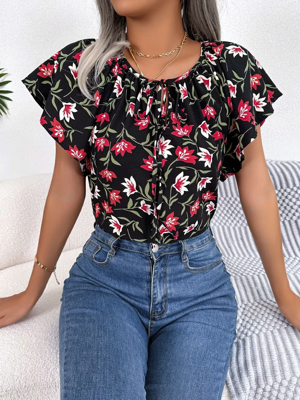 Floral Tie Neck Flutter Sleeve Blouse, image 4