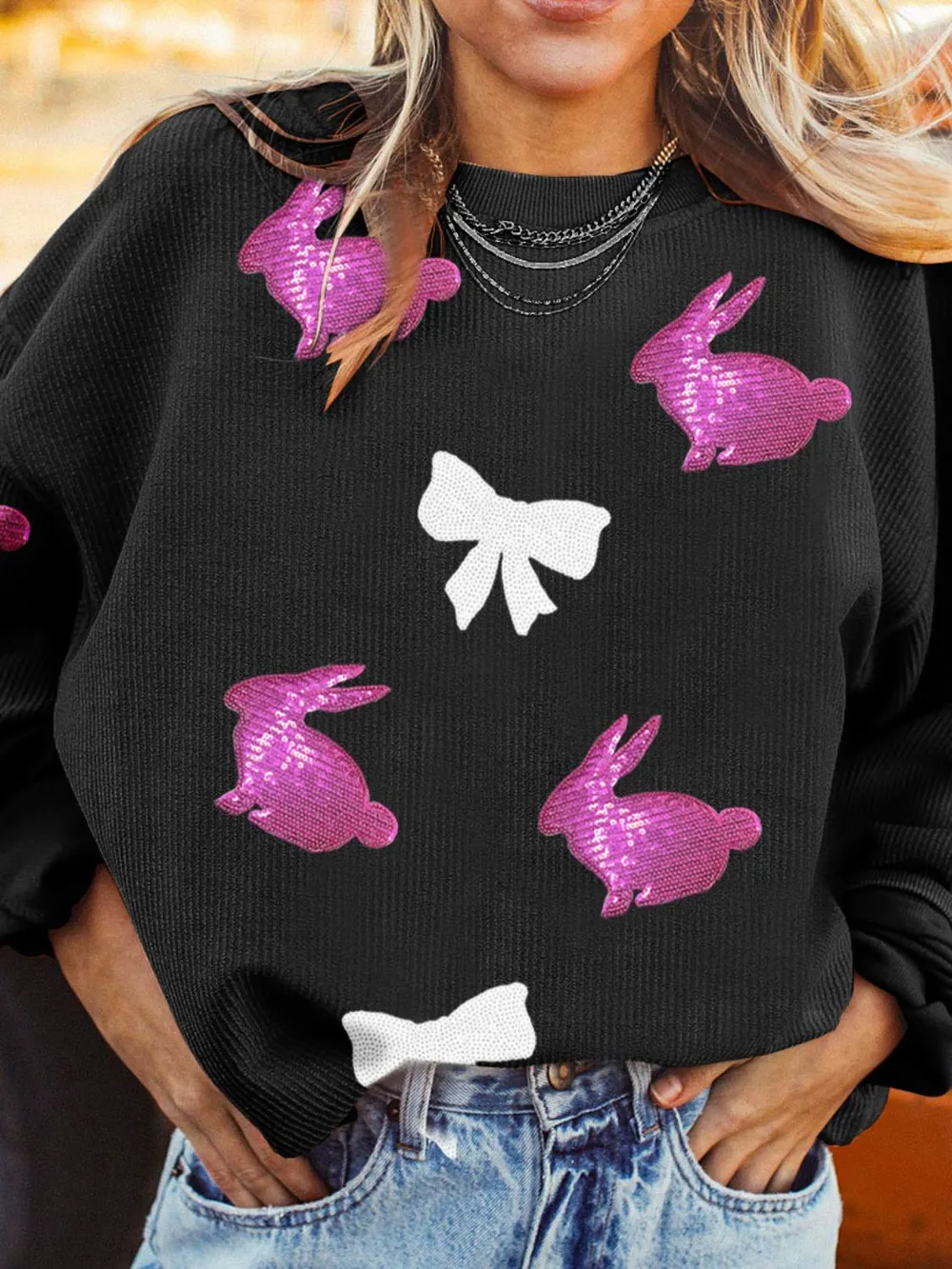 Sequin Bunny Bow Easter Corded Rib Sweatshirt