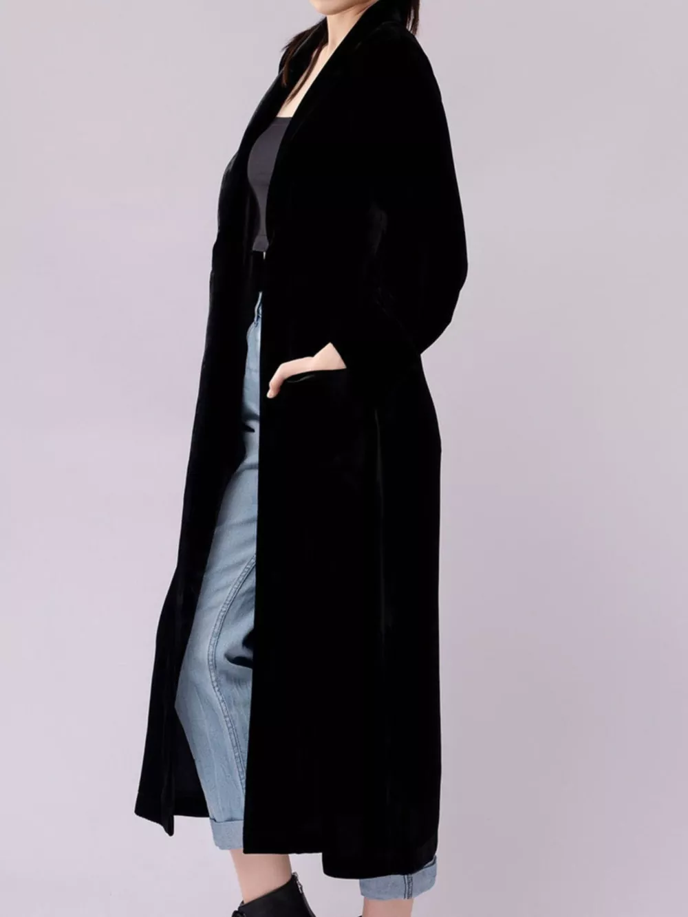 Velvet Lapel Collar Longline Coat, image 9