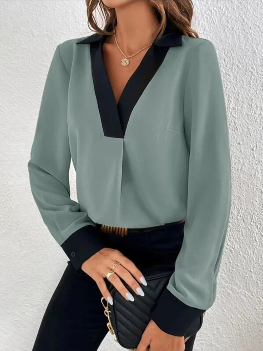 Contrast Trim V-Neck Long Sleeve Blouse, image 8
