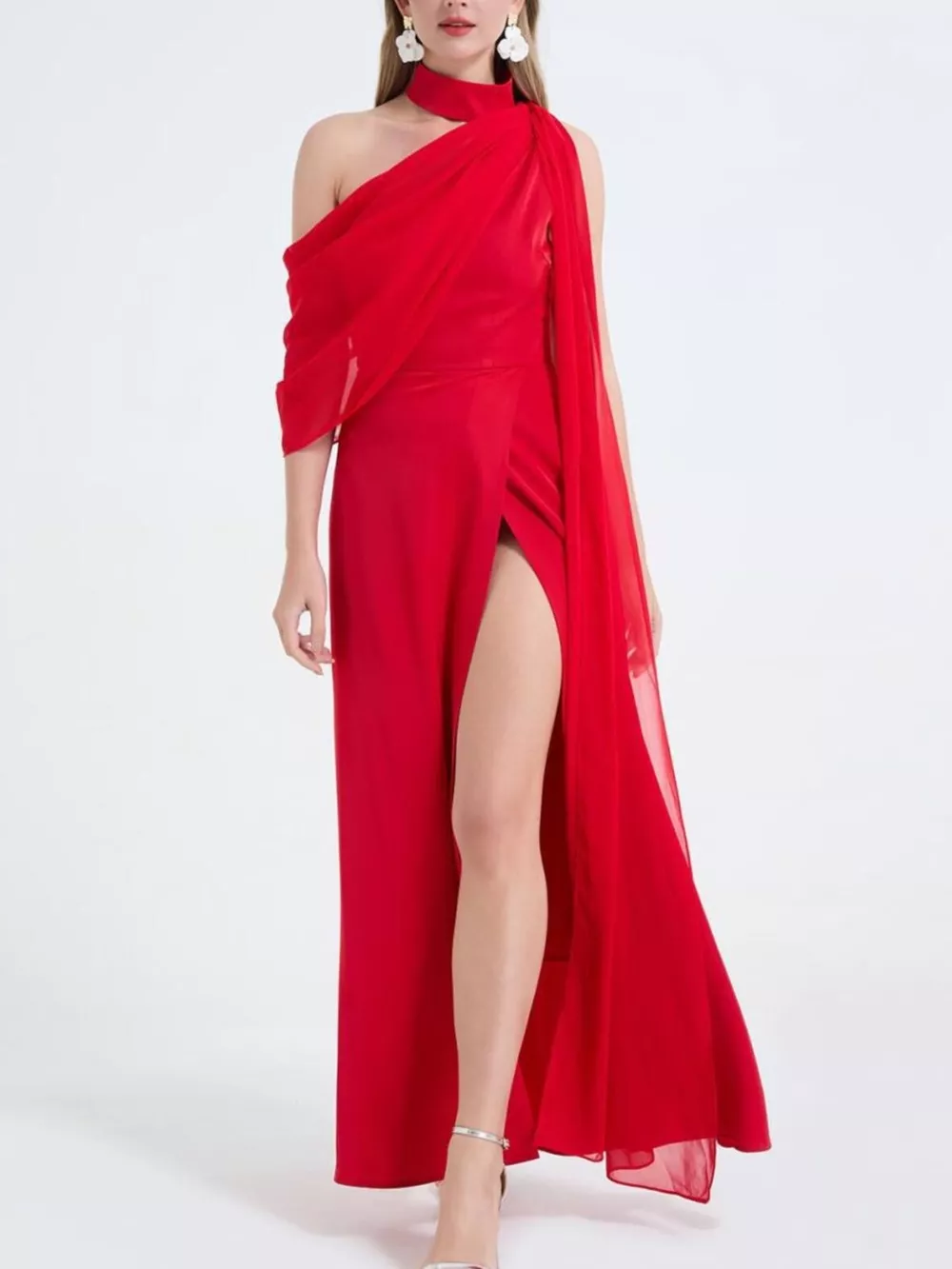 Asymmetrical Neck High Slit Maxi Dress, image 6