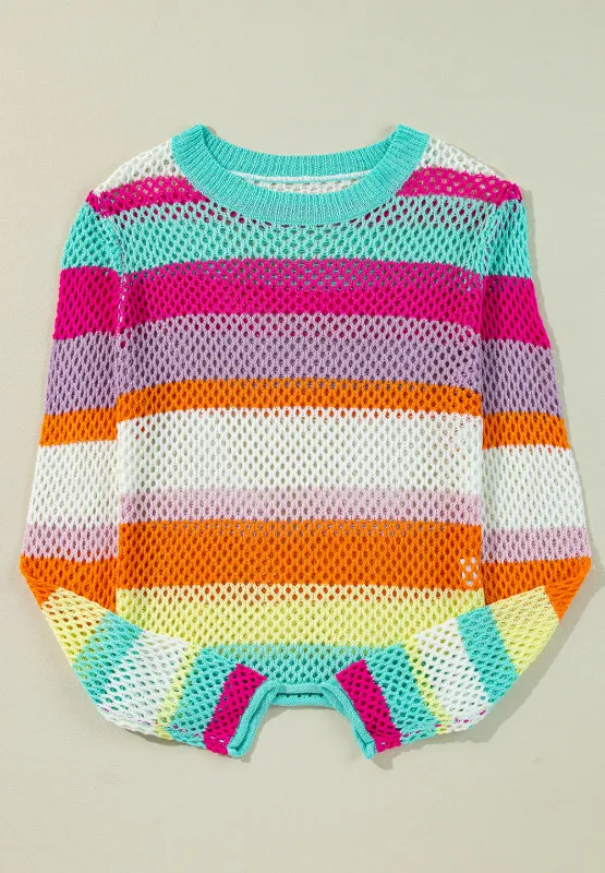 Openwork Contrast Striped Round Neck Knit Top, image 7