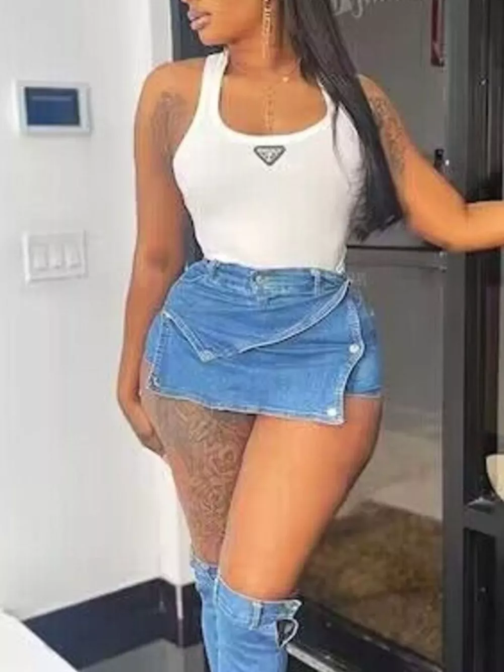 Asymmetrical Wrap Denim Skort, image 3