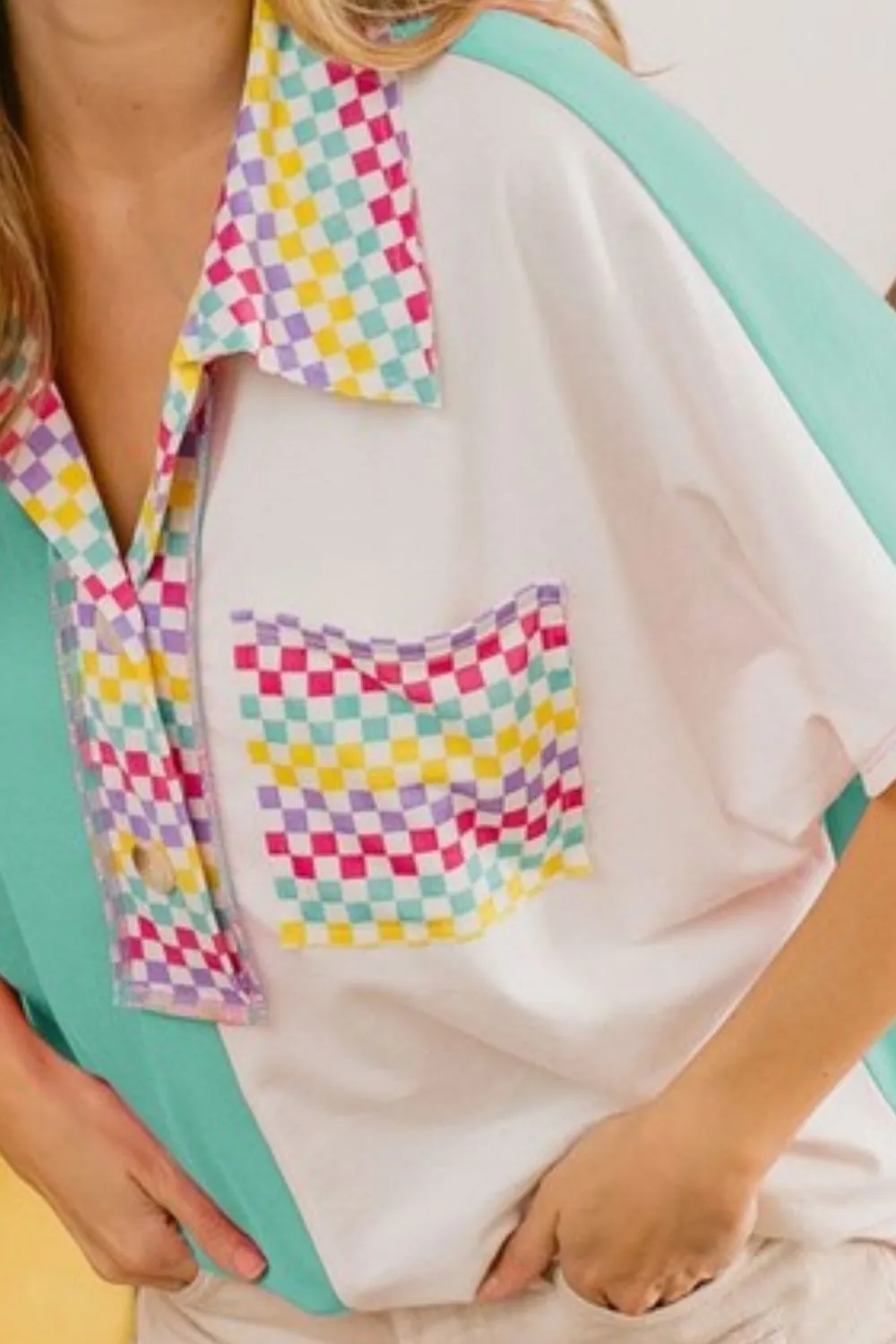 Color Block Knit with Multi Checker Contrast Top, image 2