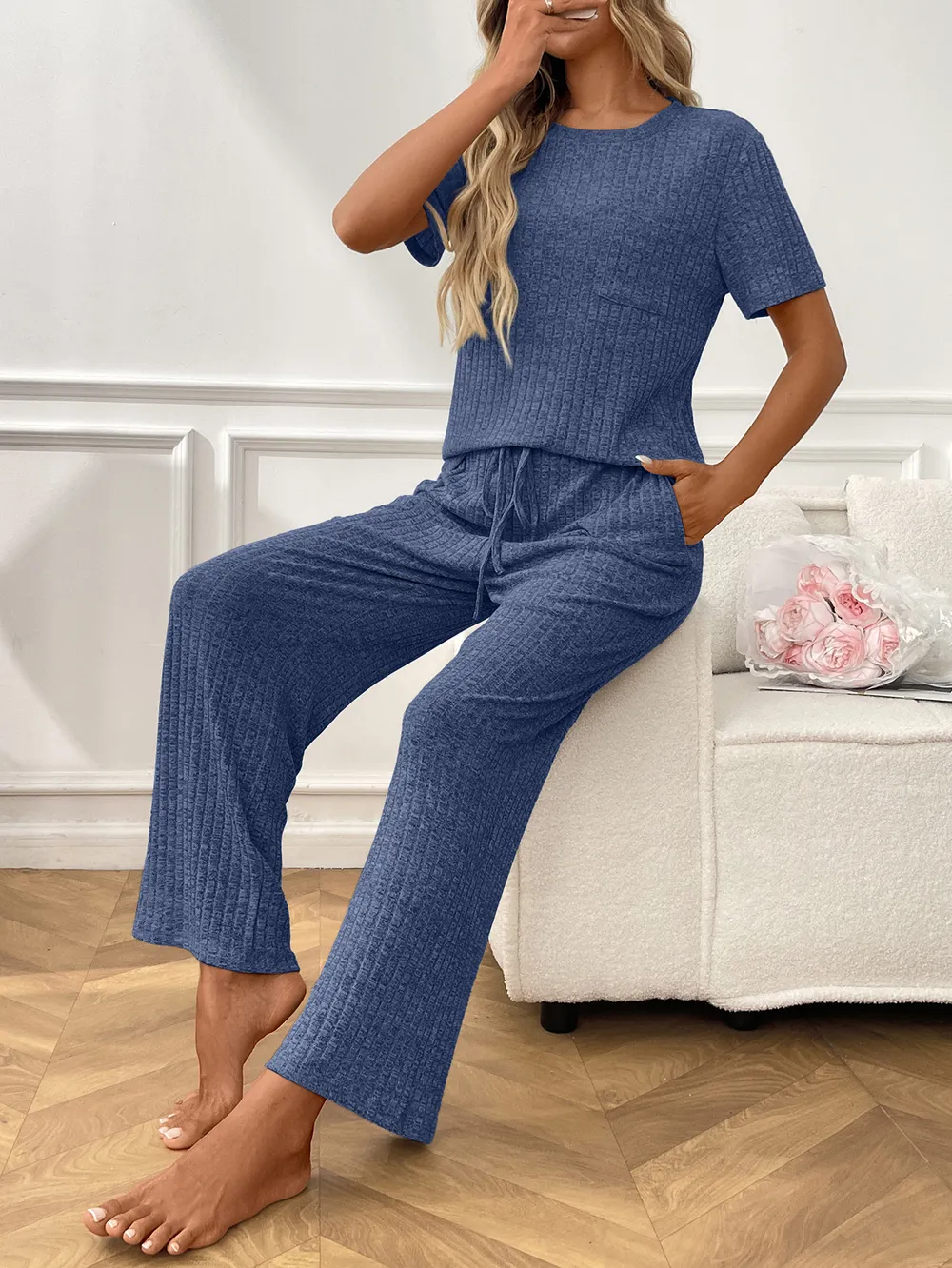 Ribbed Knit Short Sleeve Top and Pants Lounge Set, image 4