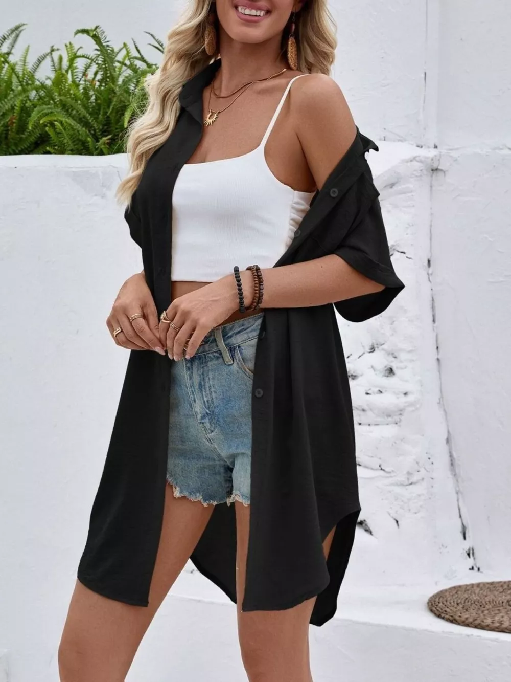 Relaxed Fit Button-Down Longline Shirt, image 8